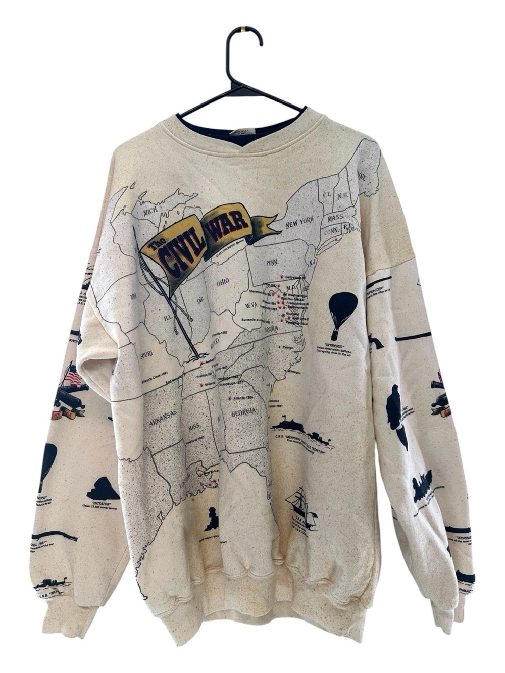 Vintage 80’s Men’s Crewneck Sweatshirt - Civil War History Map Graphic Size XL